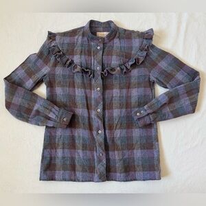 Vintage Plaid Ruffle Button-Up Wool Shirt
